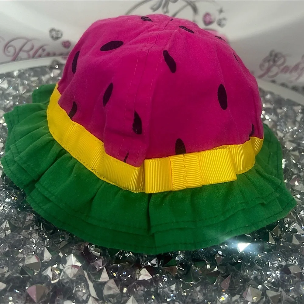 watermelon hat 🍉👒 baby 0-6 months pink black green yellow ribbon bow tie 🎀